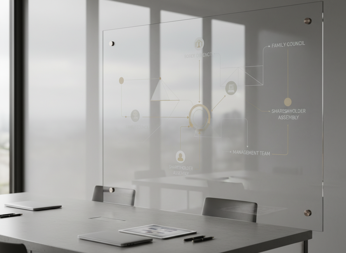 An elegant close-up of a governance framework for a family company displayed on a large, ultra-thin glass wall panel, with interconnected geometric shapes and subtle icons etched into the surface. A minimalist meeting table with neatly aligned pens, a sleek tablet, and a closed laptop sits in the foreground, all in cool neutral tones with subtle metallic accents. Diffused overcast daylight from tall windows creates a soft, shadowless ambiance, reflected gently in the glass panel. The photographic scene is shot from a slightly angled side perspective to highlight depth and reflections, conveying structure, transparency, and professionalism in corporate governance and board advisory services for family-owned firms.