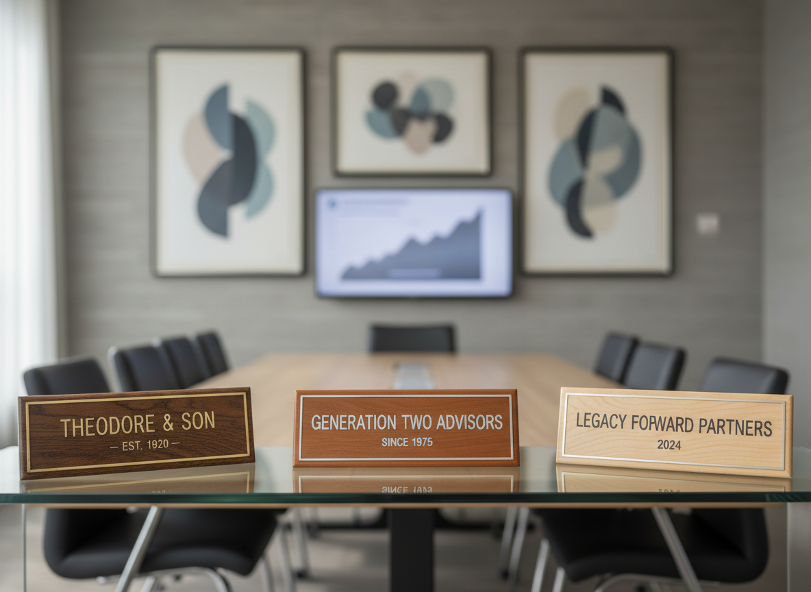 A symbolic multi-generational family business represented by three distinct sets of polished wooden nameplates resting on a refined glass shelf: one slightly worn and dark, one mid-toned and smooth, and one light, freshly carved piece. Behind them, framed abstract artwork in muted blues and grays suggests continuity and growth, while a blurred conference table and digital presentation screen hint at a professional advisory session. Soft morning daylight enters from an unseen window, creating gentle reflections on the glass and subtle highlights on the wood grain. Photographic, clean and modern composition using the rule of thirds, with a calm and thoughtful atmosphere emphasizing generational transition and corporate governance for family enterprises.